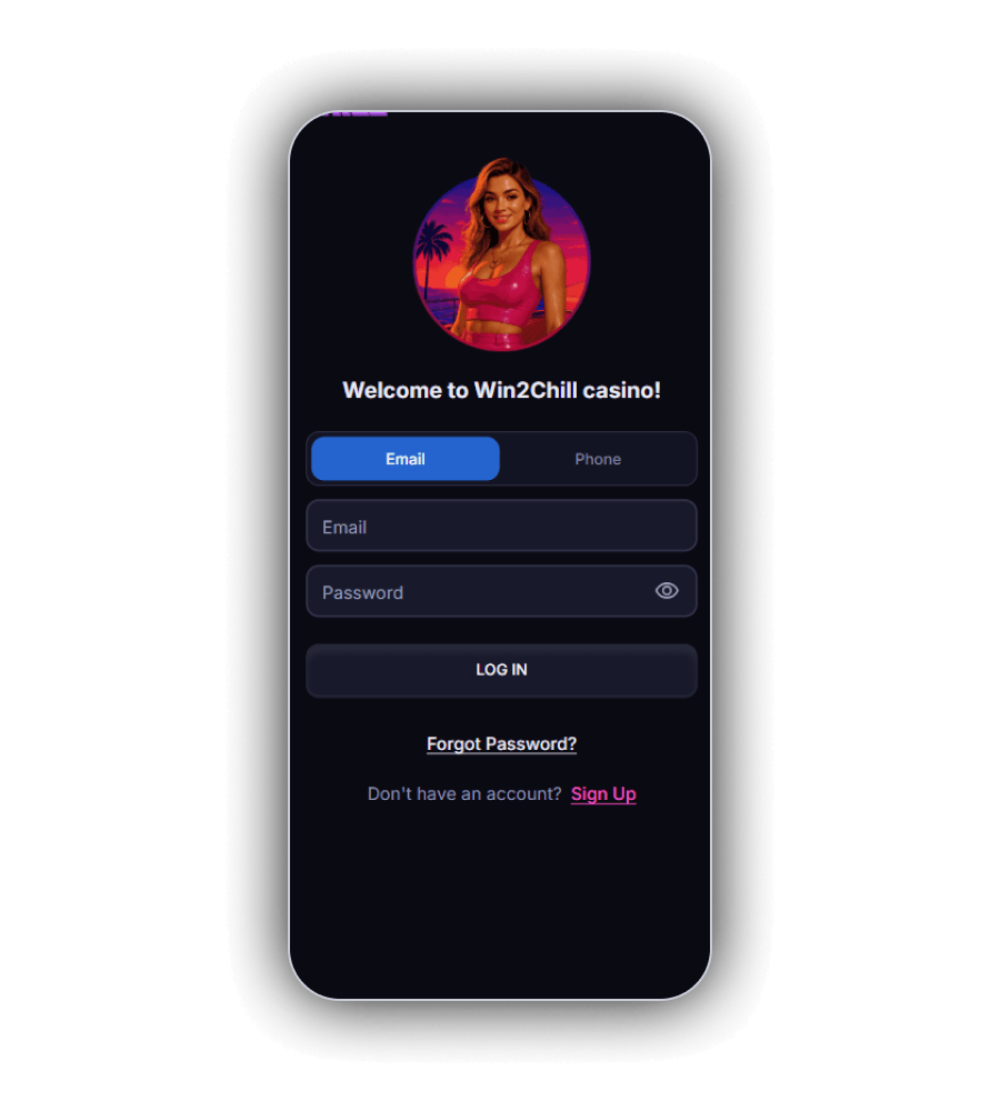 Win2Chill mobile login screen showing account verification and sign up controls