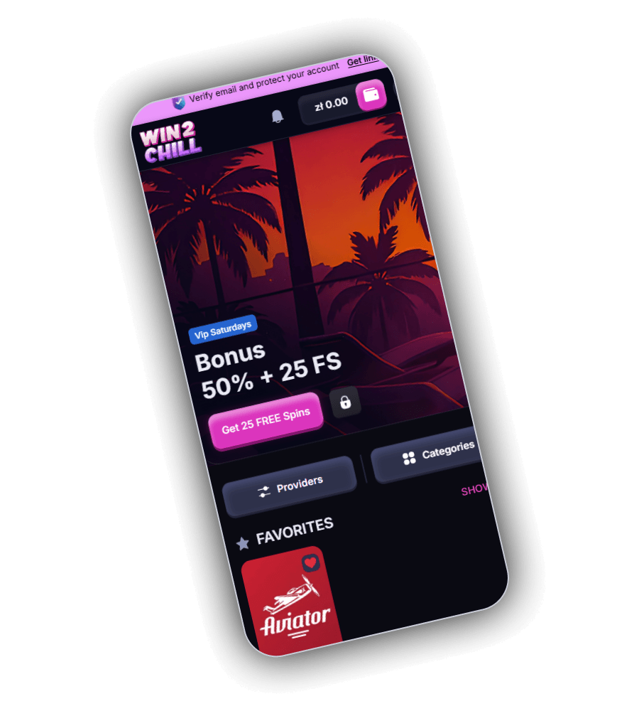 Win2Chill mobile lobby with VIP Saturdays bonus and Favorites row