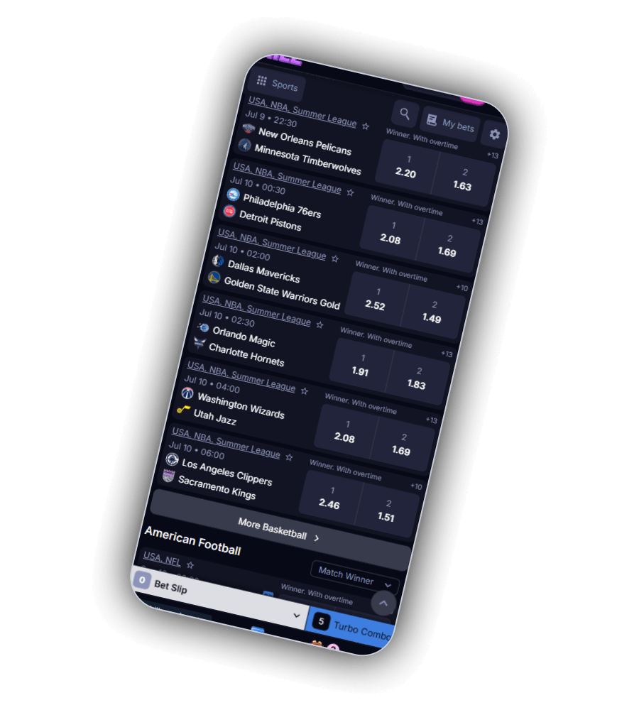 Win2Chill mobile sport betting section with NBA Summer League matches and odds