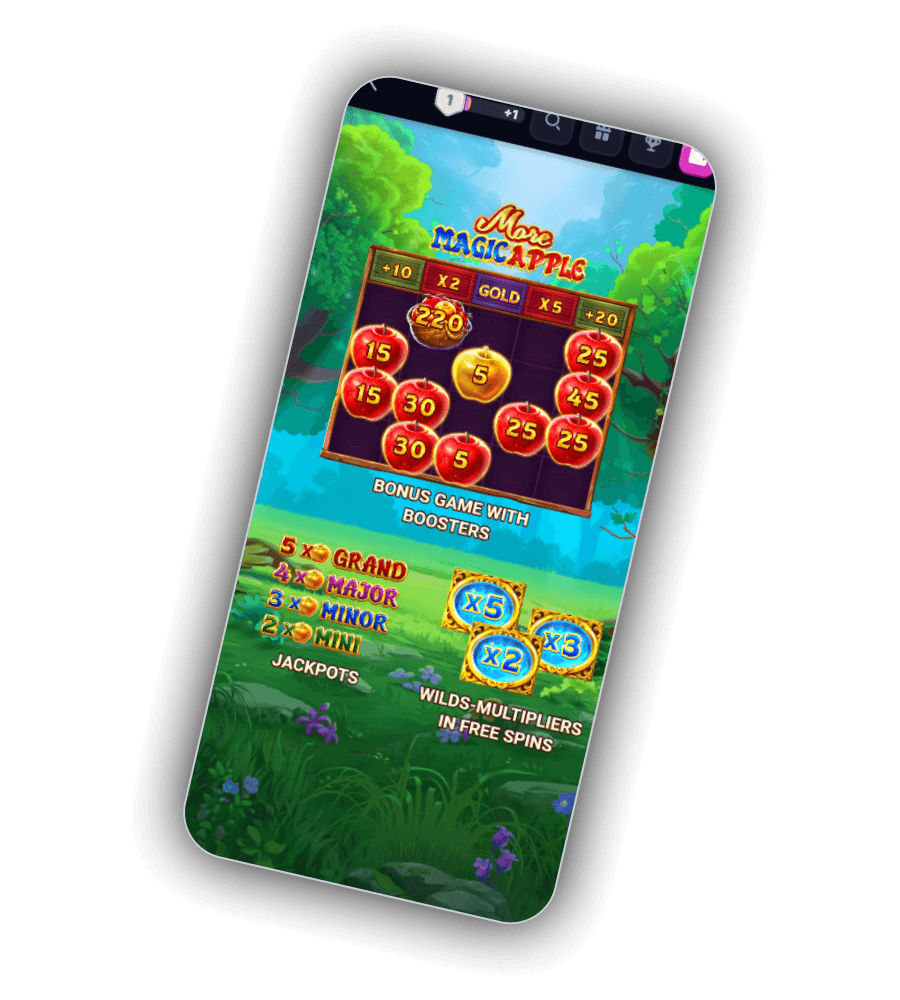 Win2Chill mobile app showing More Magic Apple slot bonus round with jackpots