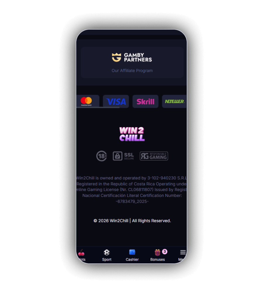 Win2Chill footer with Mastercard Visa Skrill Neteller logos and Costa Rica license
