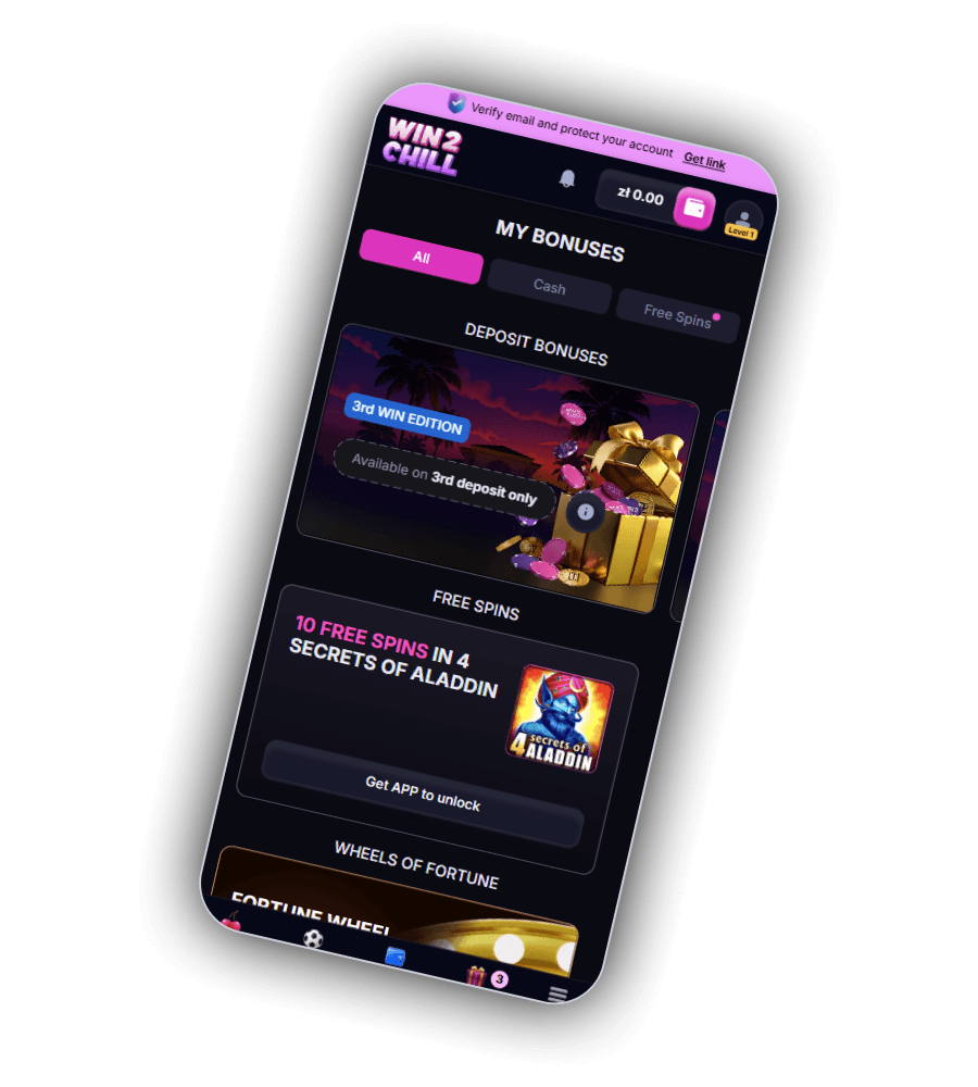 Win2Chill mobile My Bonuses screen with deposit bonuses and free spins