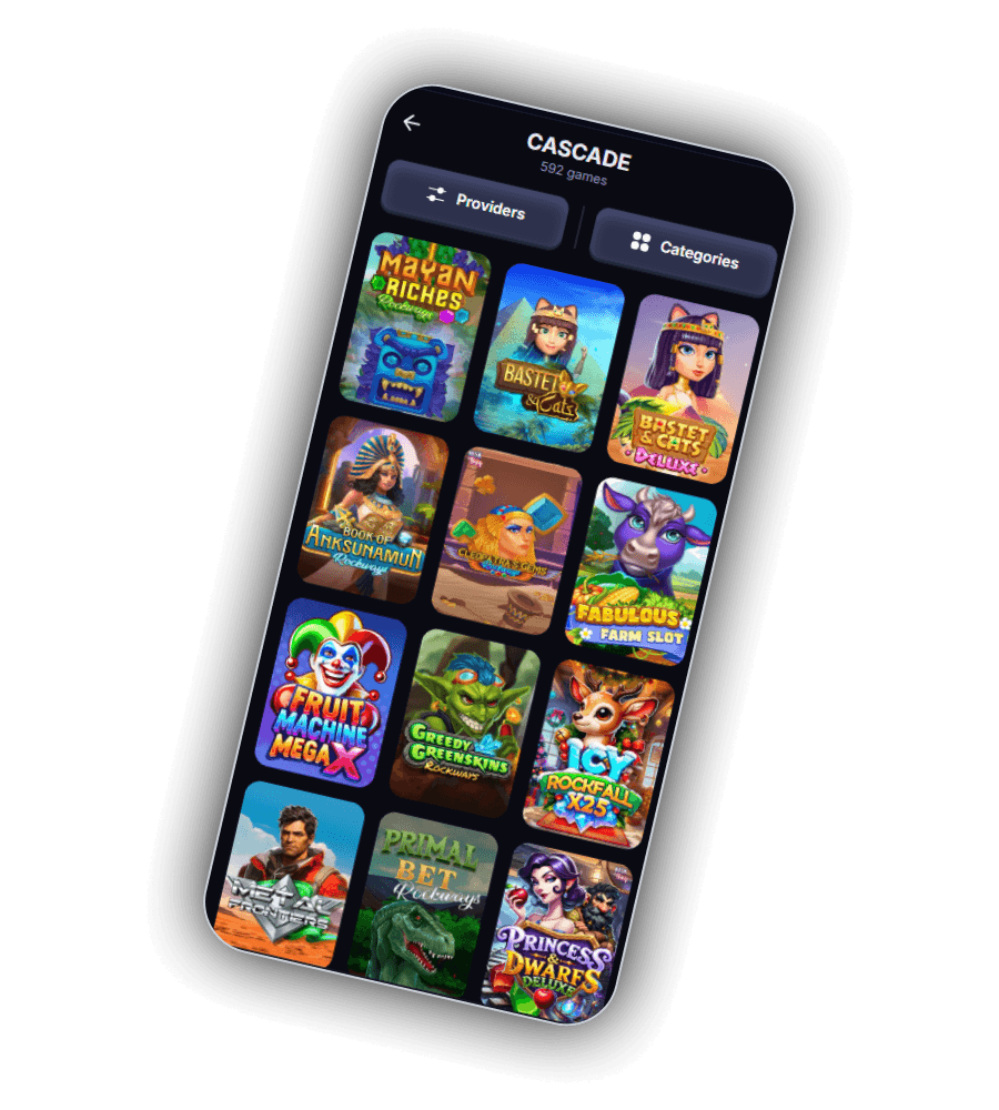 Win2Chill mobile CASCADE slots category showing 592 games in a grid