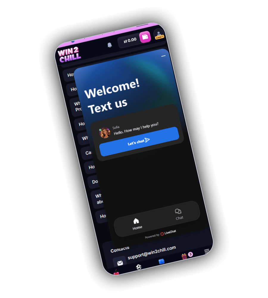 Win2Chill live chat panel with welcome greeting from support agent Sofia