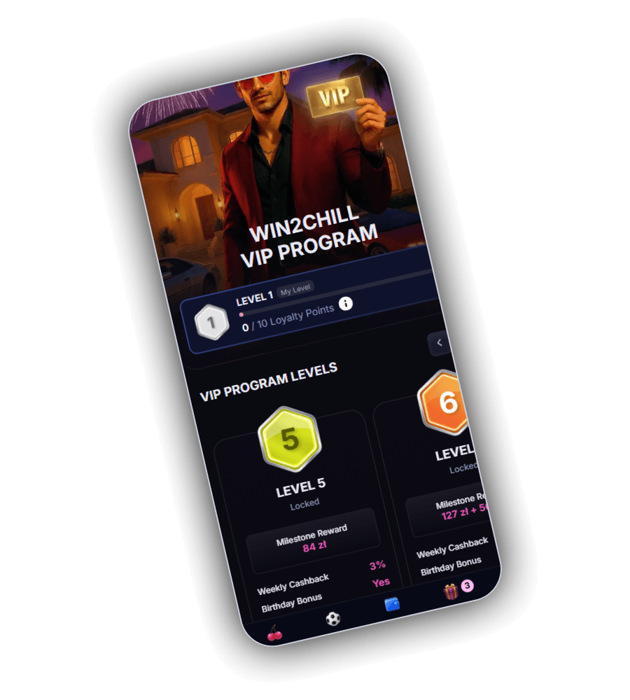Win2Chill VIP Program screen showing Level 1 status and higher tier previews